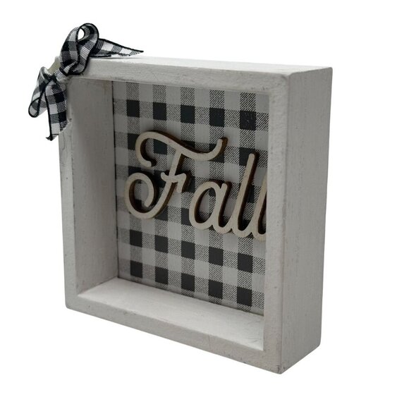Mini Fall Buffalo Plaid Wood Sign Farmhouse Decor Black White Gingham Bow Autumn - Picture 3 of 8